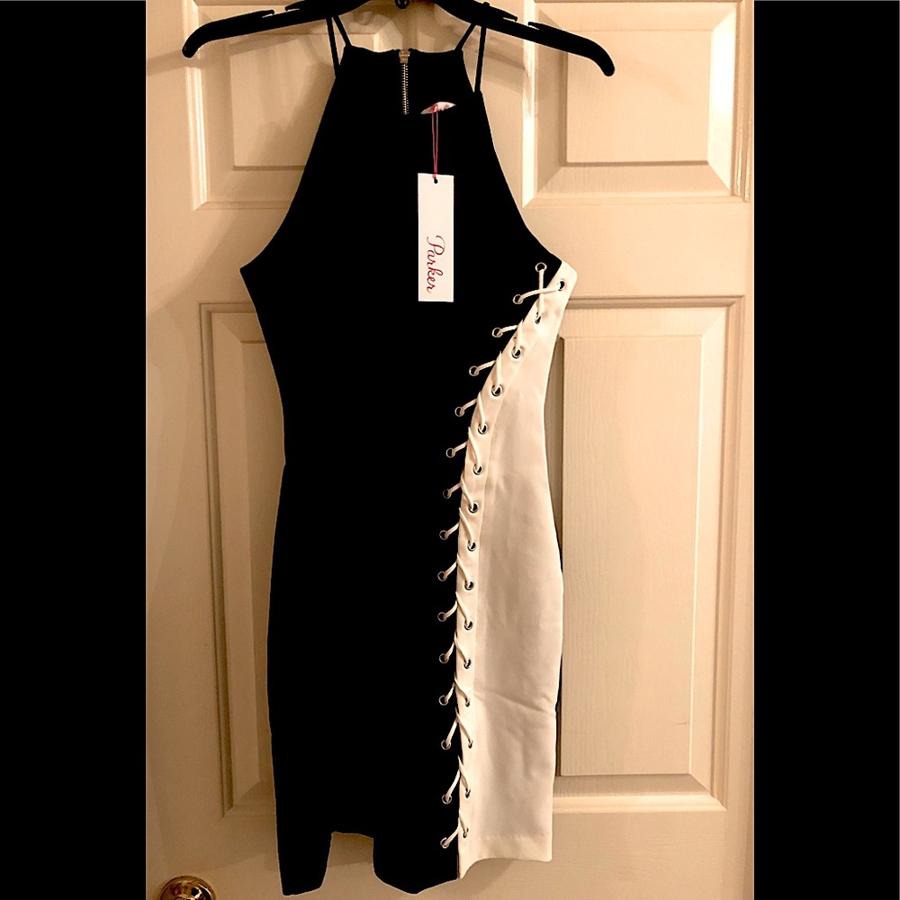 Parker Blue and White Dress with accent stitching.
